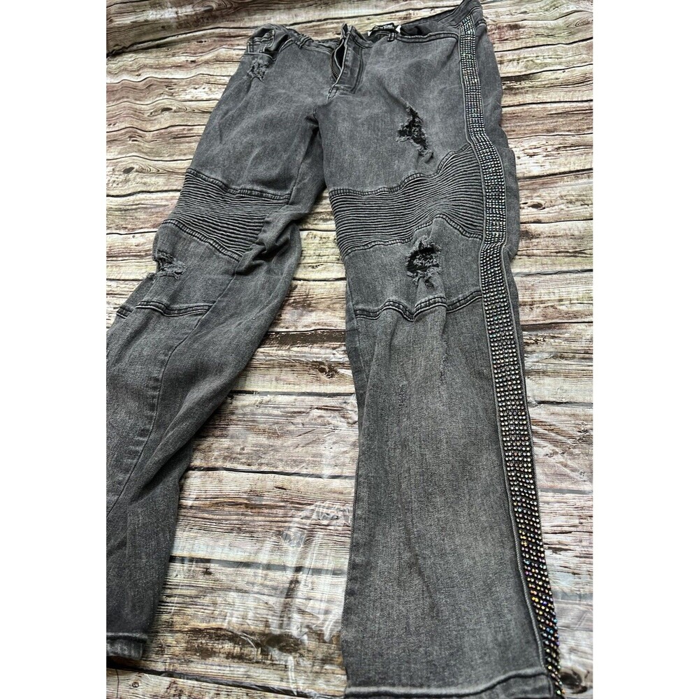 Blue Topic Women's Size 15/16 Distressed Black Jeans With Rhinestone On The Side